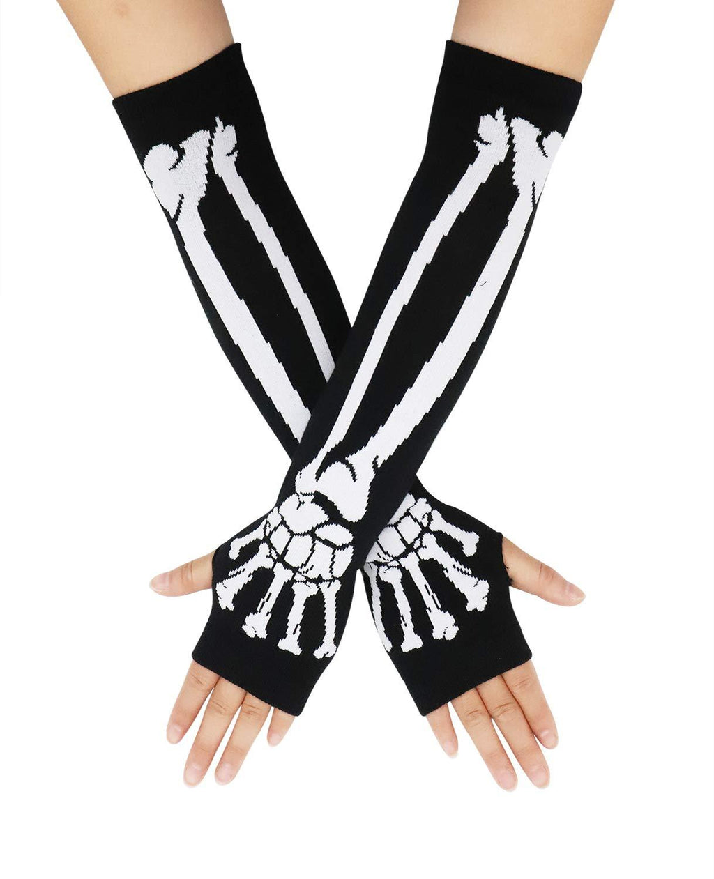 [Australia] - Unisex Stretchy Fingerless Hand Warmer Skeleton Gloves White_long 
