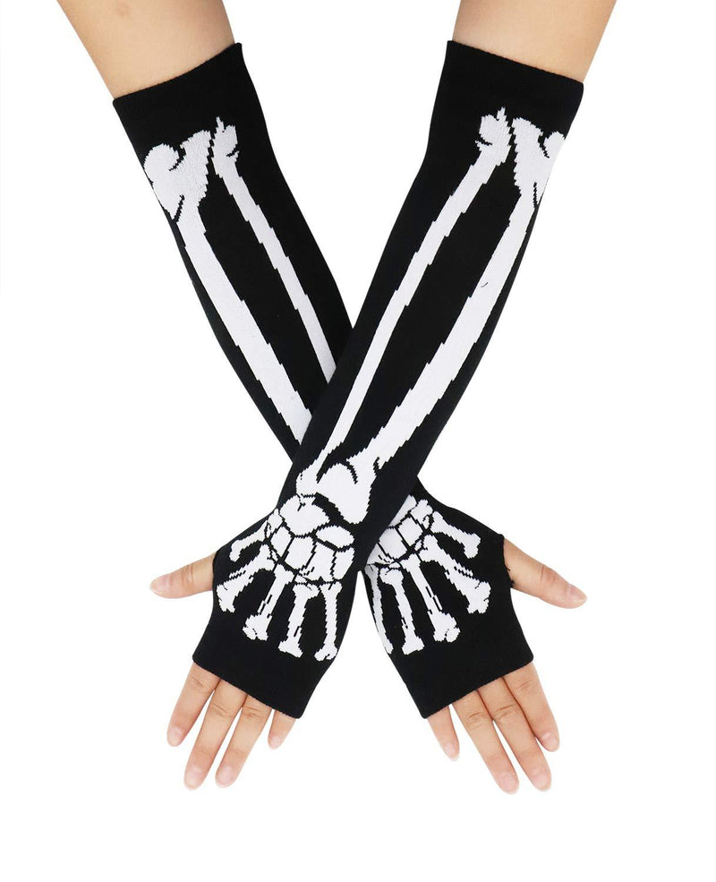 [Australia] - Unisex Stretchy Fingerless Hand Warmer Skeleton Gloves White_long 