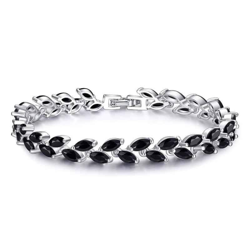 [Australia] - Ever Faith Wedding Accessory Black Cubic Zirconia 2 Layers Small Leaf Roman Tennis Bracelet Silver-Tone 