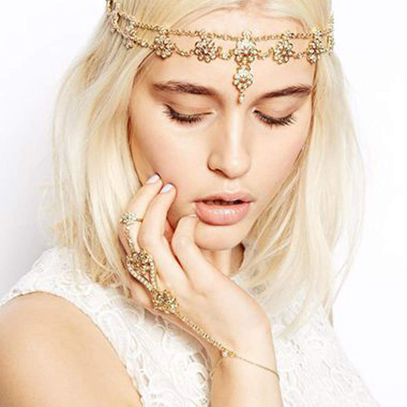 [Australia] - Jovono Boho Flower Head Chain Gold Pearl Headband Bead Hair Accessories for Women and Girls 