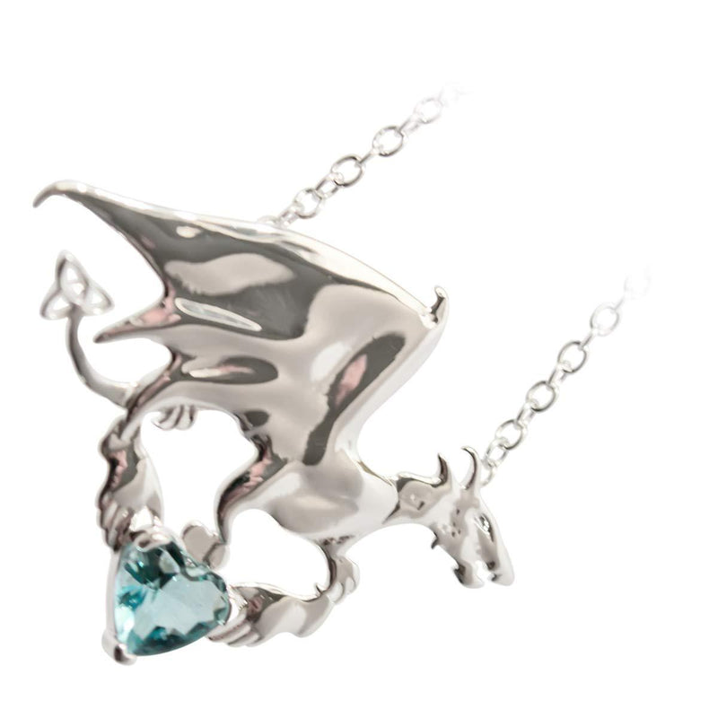 [Australia] - GWG Jewellery Women Necklace Gift 18K White Gold Plated Dragon with Coloured Stone Heart and Celtic Trinity Knot Unusual Pendant Necklace for Women Aquamarine Sea Blue 