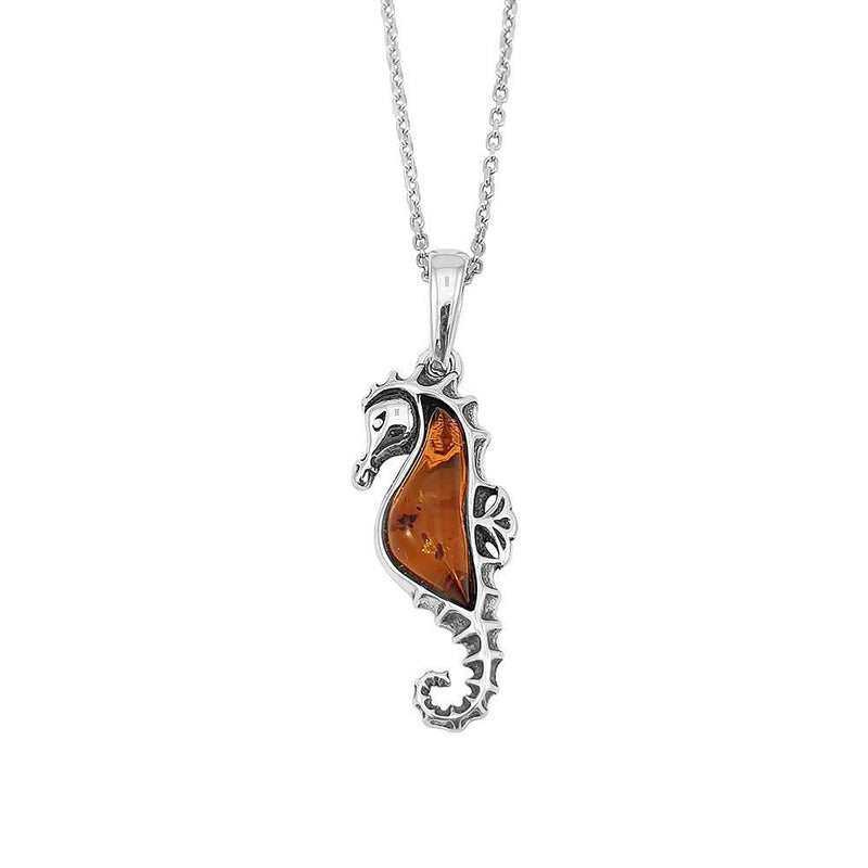 [Australia] - Kiara Jewellery Sealife 925 Sterling Silver Seahorse Pendant Necklace Inlaid With Brown Baltic Amber on 18" Sterling Silver Trace Or Curb Chain. 