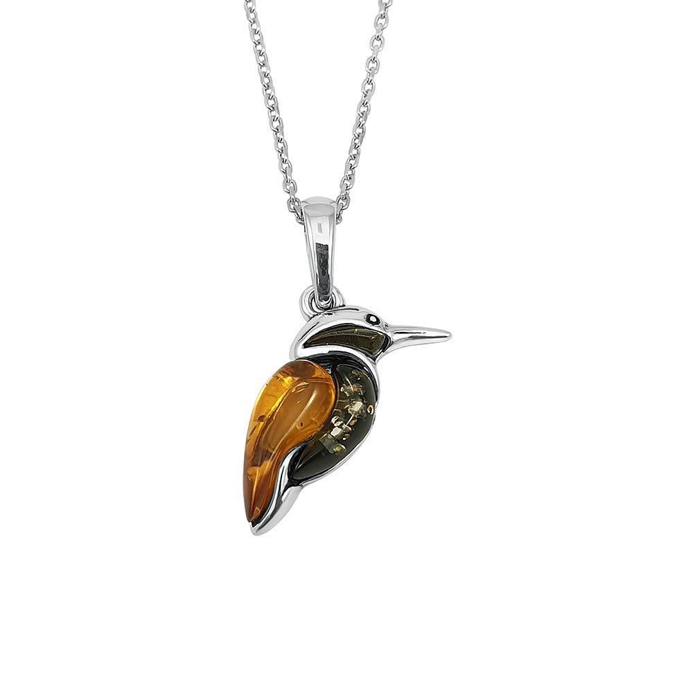 [Australia] - Kiara Jewellery Sterling Silver Kingfisher Pendant Necklace Inlaid With Mixed Colour Amber on 18" Italian Sterling Silve Tracer Chain. 