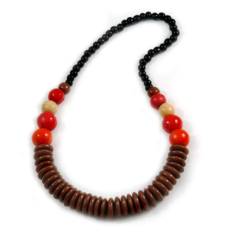 [Australia] - Avalaya Chunky Ball and Button Wood Bead Necklace in Brown/Red/Orange/Black - 70cm Long 