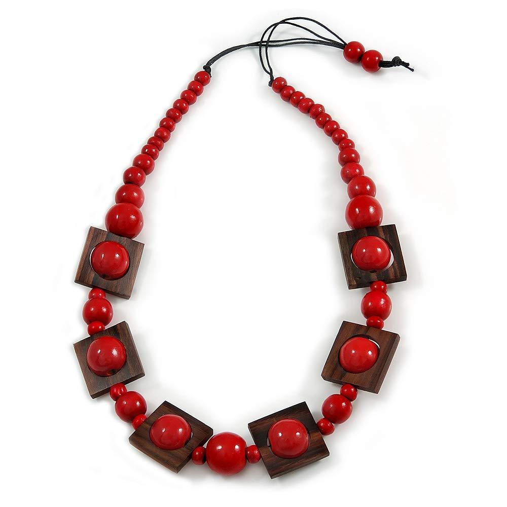 [Australia] - Avalaya Chunky Square and Round Wood Bead Cotton Cord Necklace (Red/Brown) - 74cm L 