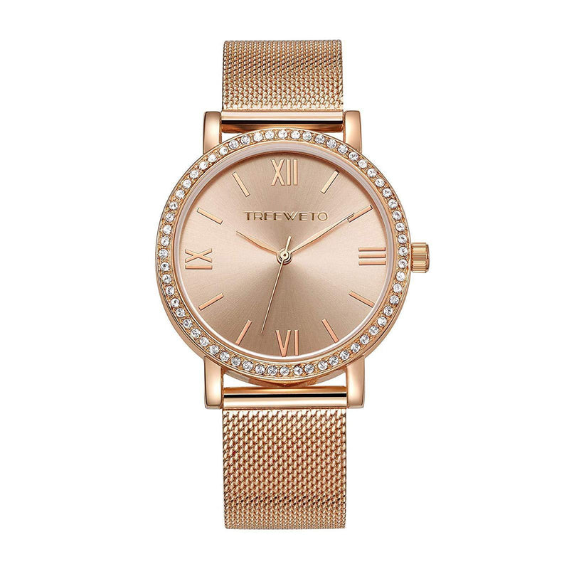 [Australia] - TREEWETO Women's Watch Crystal Mesh Stainless Steel Belt Women's Quartz Diamond Classic Roman Numerals Rose Gold Silver 