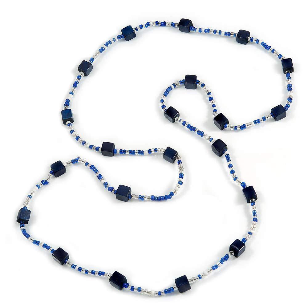 [Australia] - Avalaya Long Wood Cube and Small Glass Bead Necklace (Dark Blue/Transparent/White) - 124cm Long 