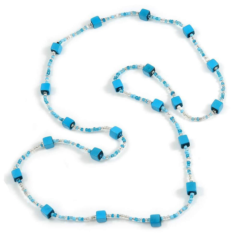 [Australia] - Avalaya Long Wood Cube and Small Glass Bead Necklace (Light Blue/Teal/Transparent/White) - 124cm Long 