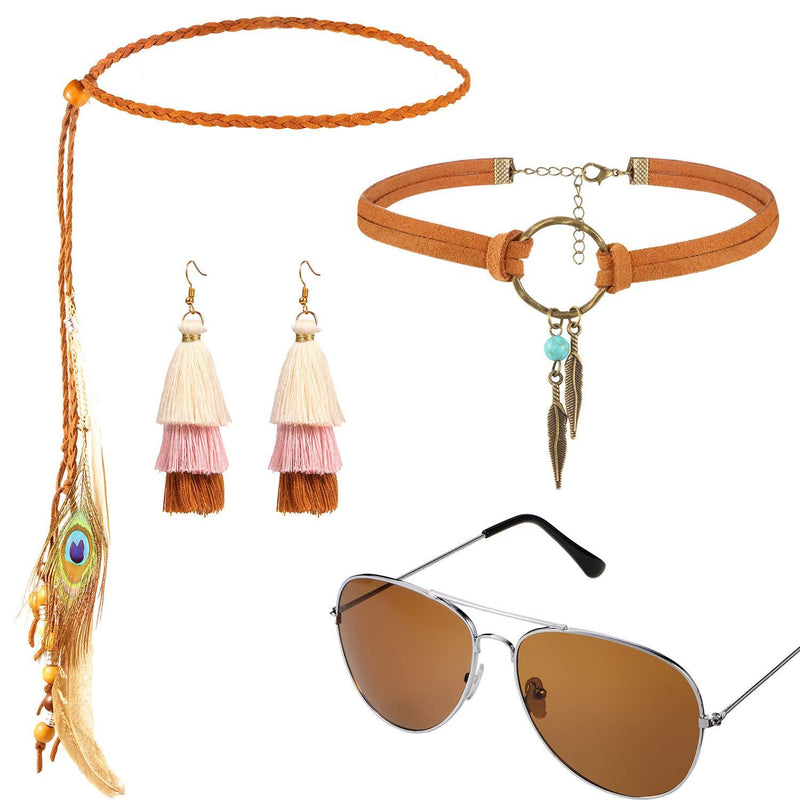 [Australia] - Hippie Bohemia Costume Set for Women Kit Includes Sunglasses, Unicorn Suede Choker Necklace and Tassel Earring, Bohemia Feather Headband for 60s 70s Party Accessories 