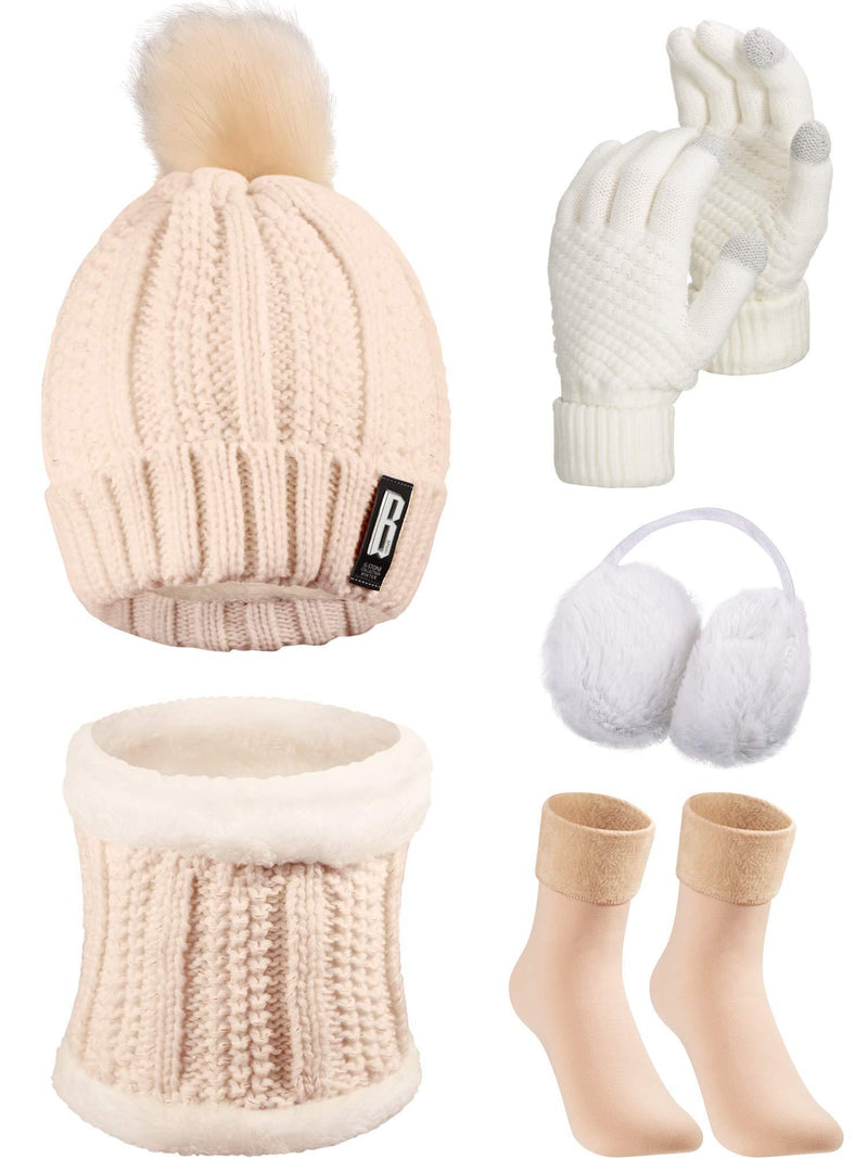 [Australia] - 5 Pieces Women Winter Ski Outing Set, Knit Hat Scarf Gloves Earmuffs Stockings Beige, Khaki 