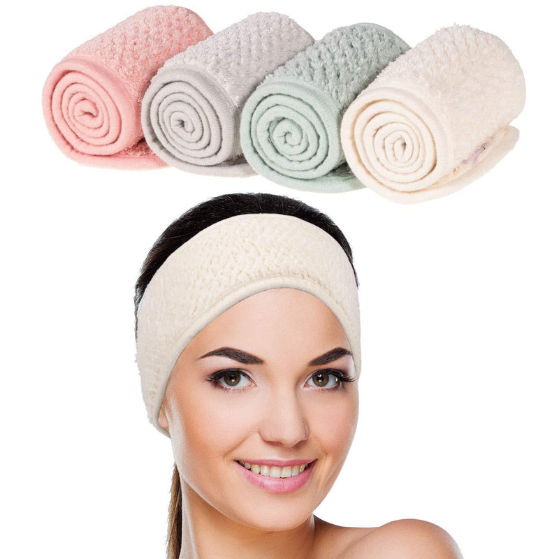 [Australia] - Whaline 4 Pack Spa Facial Headband Super Absorption Makeup Hair Wrap Adjustable Coral Fleece Hair Band Soft Towel Head Band for Face Washing, Shower Sports Yoga (Pea Green, Pink, Beige, Light Gray) 