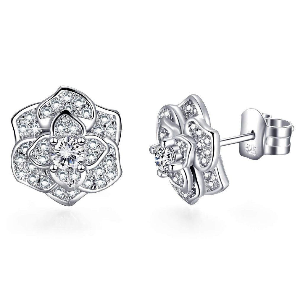 [Australia] - Van Chloe Women 925 Sterling Silver Love Rose Flower Stud Earrings White Gold Plated CZ Diamond Earrings Studs for Women Girls 