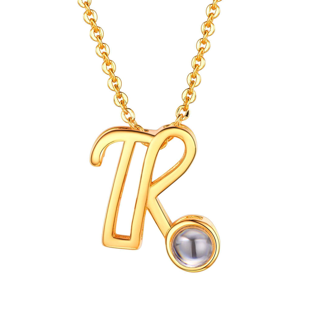 [Australia] - Majuscule/Capital Curlicue Letter Pendant Necklace, 26 Letters A-Z, Nanometer Microscopic Carvings, 100 Languages I Love You, 18K Gold/Platinum Plated Women Jewelry Alphabet Necklace (With Gift Box) Letter R 18k Gold Plated 