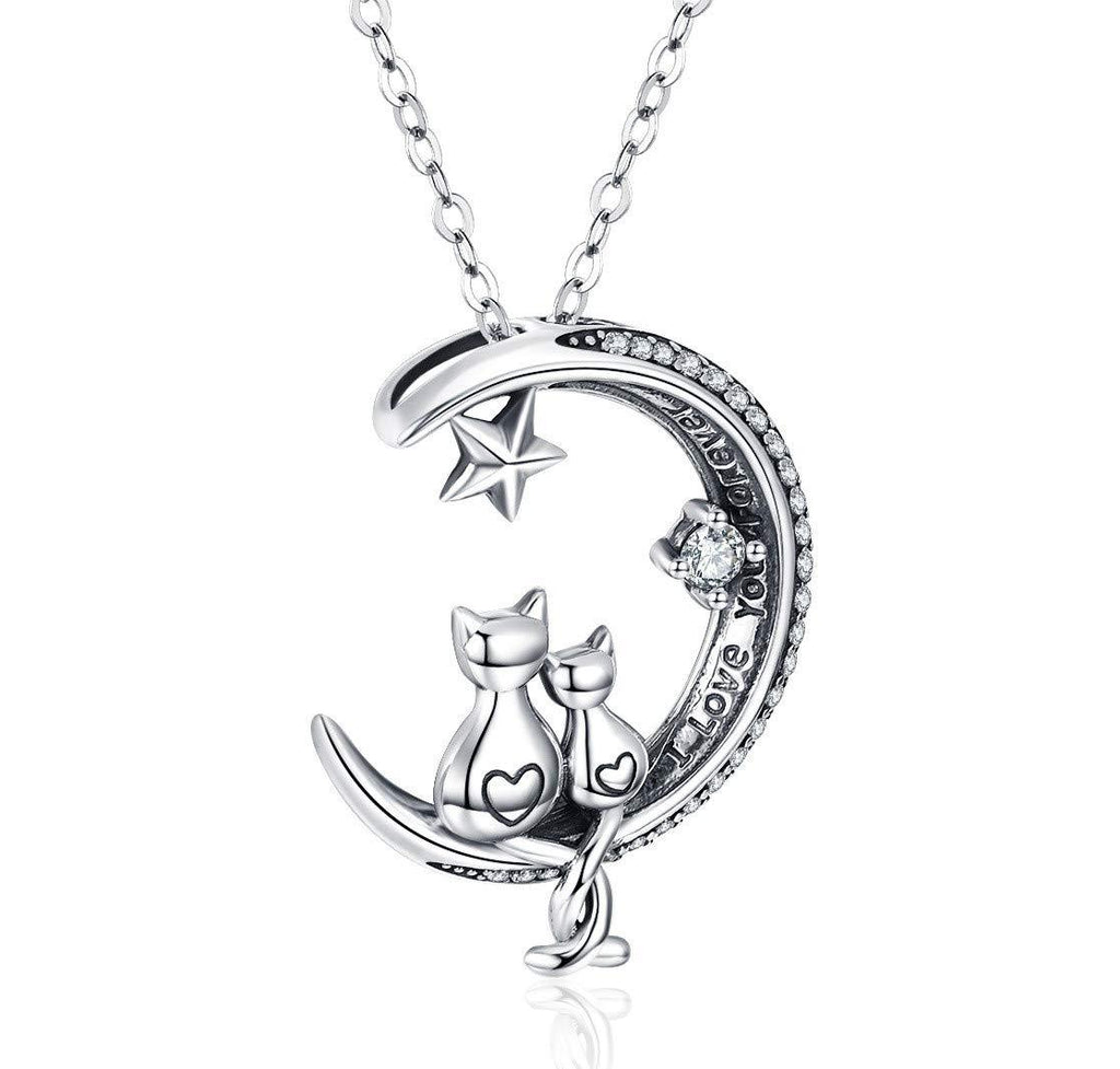 [Australia] - Cat Necklace, S925 Sterling Silver Cat on Moon Pendant, Cubic Zirconia, Women Jewellery, Gifts for Mum with Gift Package- I Love you forever 