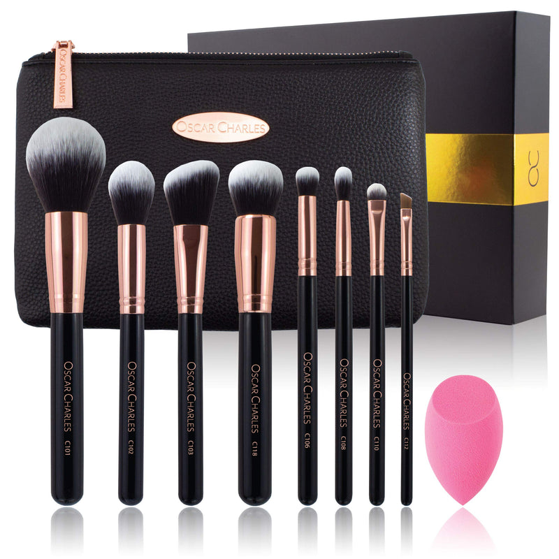[Australia] - Oscar Charles 8-Piece Professional Makeup Brush Set with Beauty Sponge and Luxury Clutch Cosmetic Bag and Beautiful Gift Box - Rose Gold 