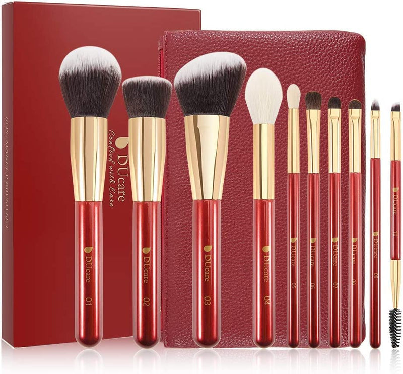 [Australia] - DUcare Makeup Brushes Red 10 Piece Makeup Brush Set with Case Premium Synthetic Hairs Kabuki Foundation Blending Eye Cosmetic Brushes Kit 10PCS 