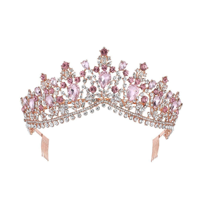 [Australia] - Minkissy Women Tiara with Comb, Crystal Crown Rhinestone Tiaras Headband Queen Princess Bride Crown for Lady Woman Girl (Golden and Pink Rhinestone) Picture 1 