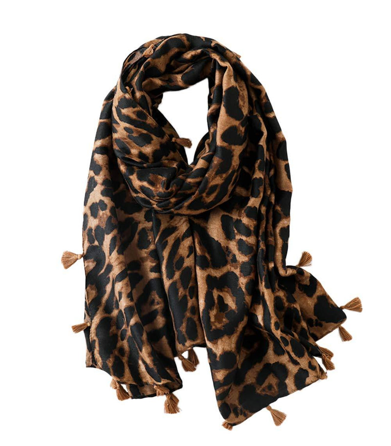 [Australia] - Women Soft Long Neck Scarf - Ladies Fashion Leopard Animal Pattern Shawl Evening Party Stylish Accessories with Tassel Brown 