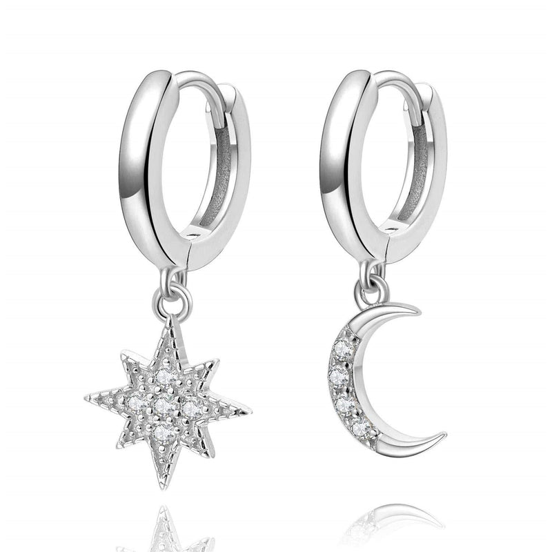 [Australia] - Star Moon Huggie Hoop Earrings, 14k Gold Plated Sterling Silver Small Blue CZ Evil Eye Earrings for Women or Girl 