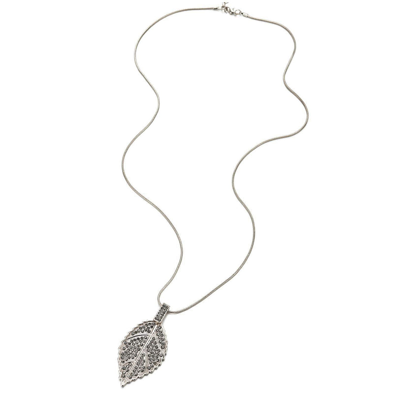 [Australia] - COOLSTEELANDBEYOND Stylish Statement Necklace Leaf Pendant with Grey Rhinestones, Long Chain, Party Event Dress Prom 