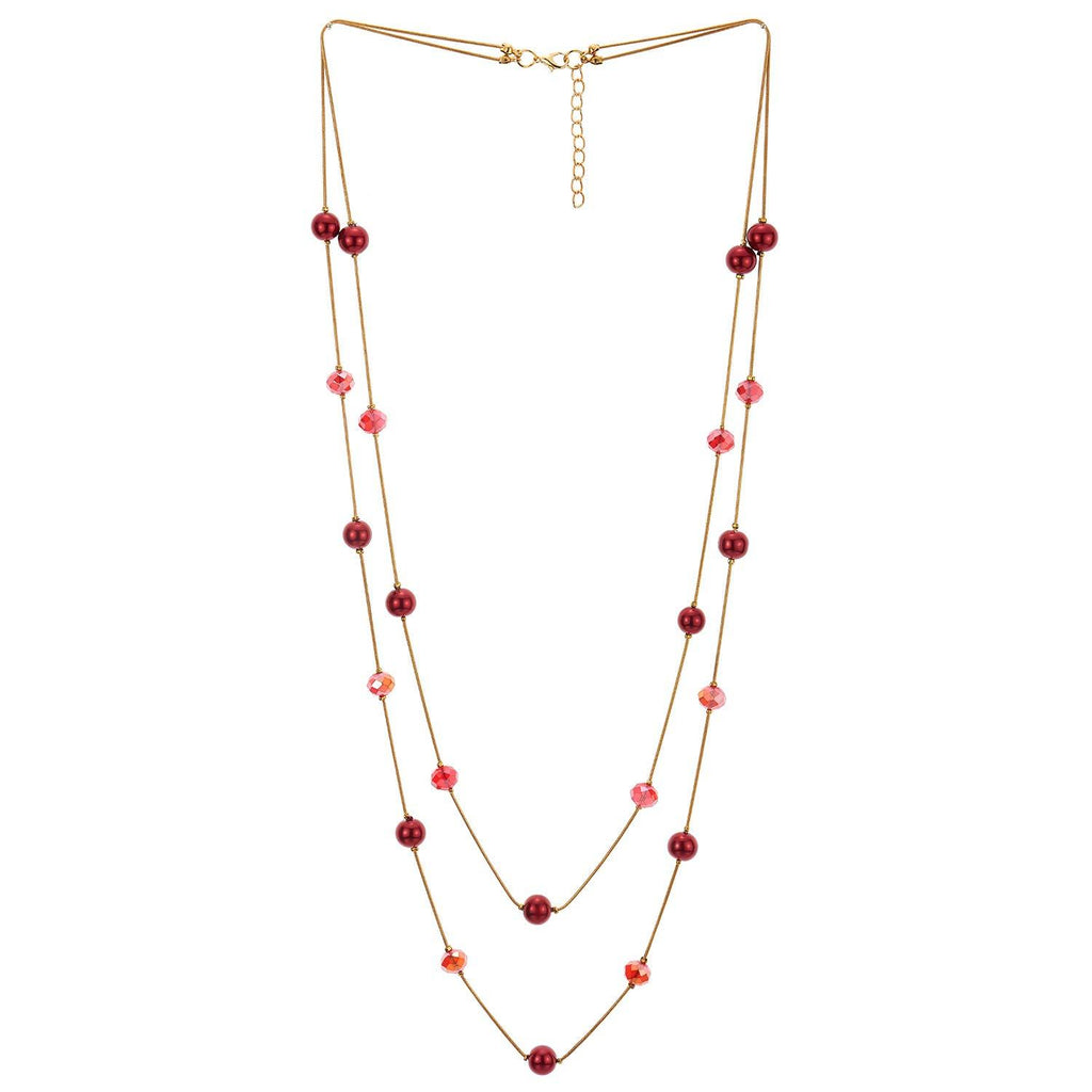 [Australia] - COOLSTEELANDBEYOND Gold Red Statement Necklace Two-Strand Long Chains with Red Crystal Beads Charms, Fashionable, Dress 