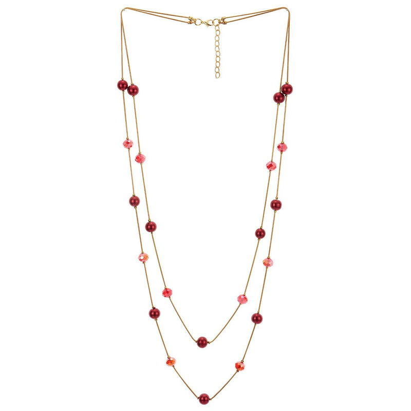 [Australia] - COOLSTEELANDBEYOND Gold Red Statement Necklace Two-Strand Long Chains with Red Crystal Beads Charms, Fashionable, Dress 