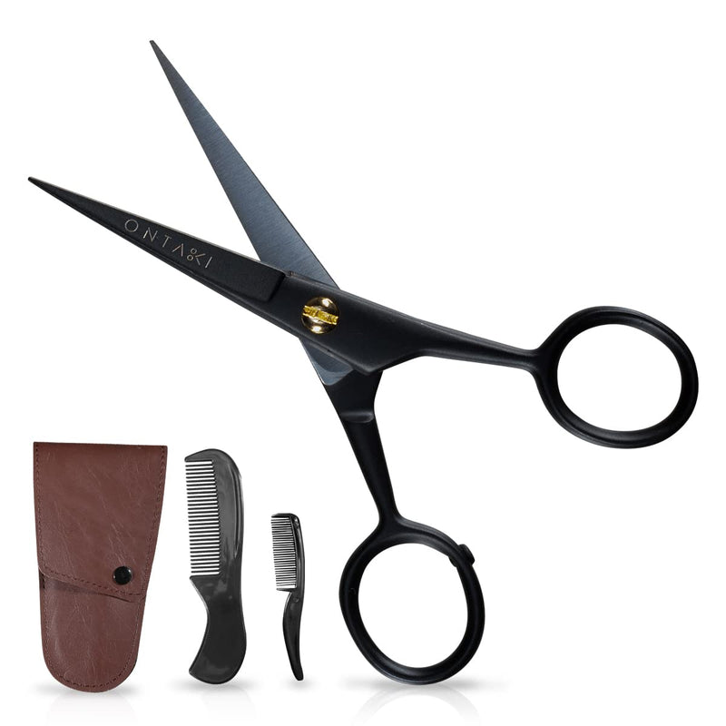 [Australia] - ONTAKI Beard Moustache Scissors 5" Professional German Steel with Comb Carrying Pouch Mustache Trimming - Hand Forged Bevel Edge Precision Men Facial Hair Grooming Kit All Body Hair Black 