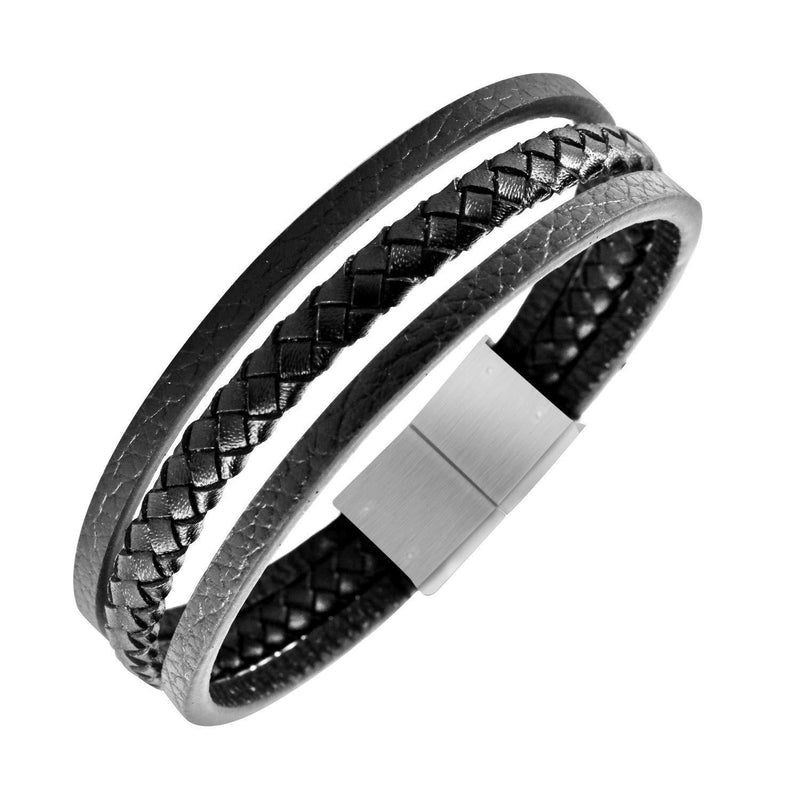 [Australia] - 555Jewelry Stainless Steel Magnetic Clasp Braided Black Leather Bracelet for Men Silver 7.5 Inches 