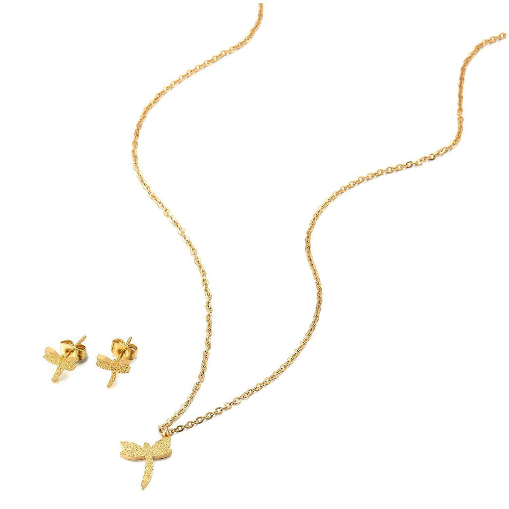 [Australia] - COOLSTEELANDBEYOND Stylish Gold Color Satin Dragonfly Pendant Steel Necklace, Earrings Set, 17.5 inches Rope Chain 