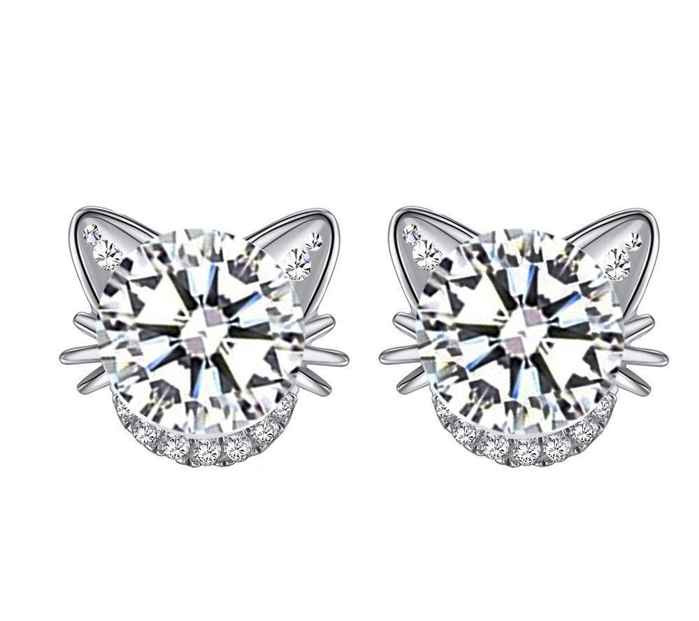 [Australia] - MixiuEuro Women Girls Cat Stud Earrings 925 Sterling Silver Cubic Zirconia Cat Heart love Stud Earrings Jewellery Gift For Girls Child 