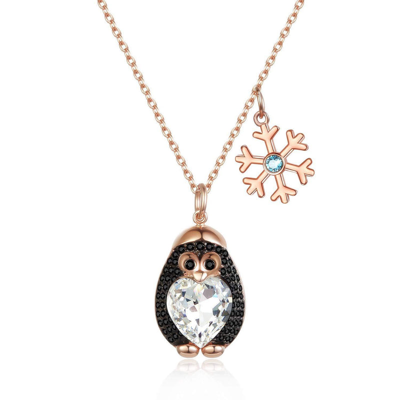 [Australia] - AOBOCO Sterling Silver Penguin Snowflake Necklace with Heart Crystal, Cute Animal Pendant Jewelry Gift for Her, Rose Gold Plated 