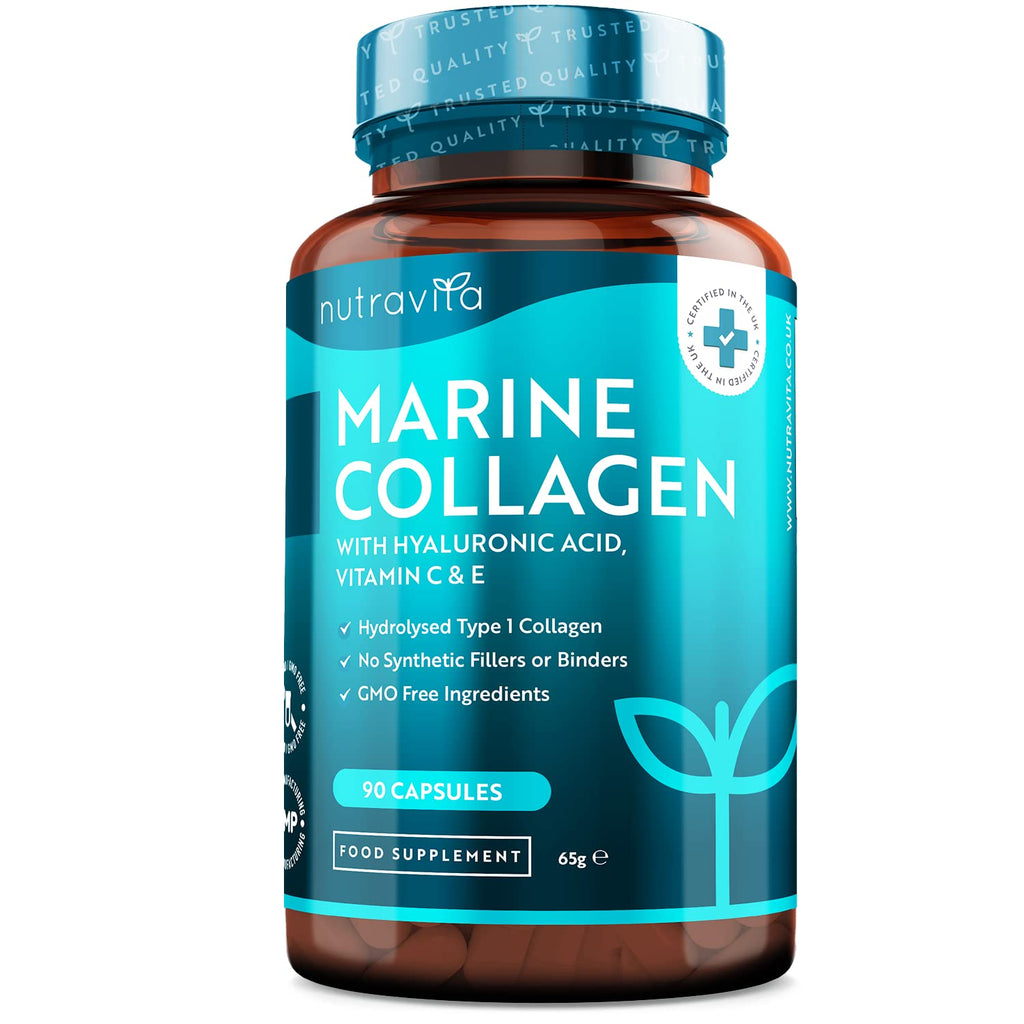 [Australia] - Marine Collagen 1000mg Enhanced with Hyaluronic Acid 100mg - 90 Super Strength Capsules - Hydrolysed Collagen Supplements - Vitamin C, Vitamin E, Vitamin B2, Zinc, Copper - Made in The UK by Nutravita 90 Count (Pack of 1) 