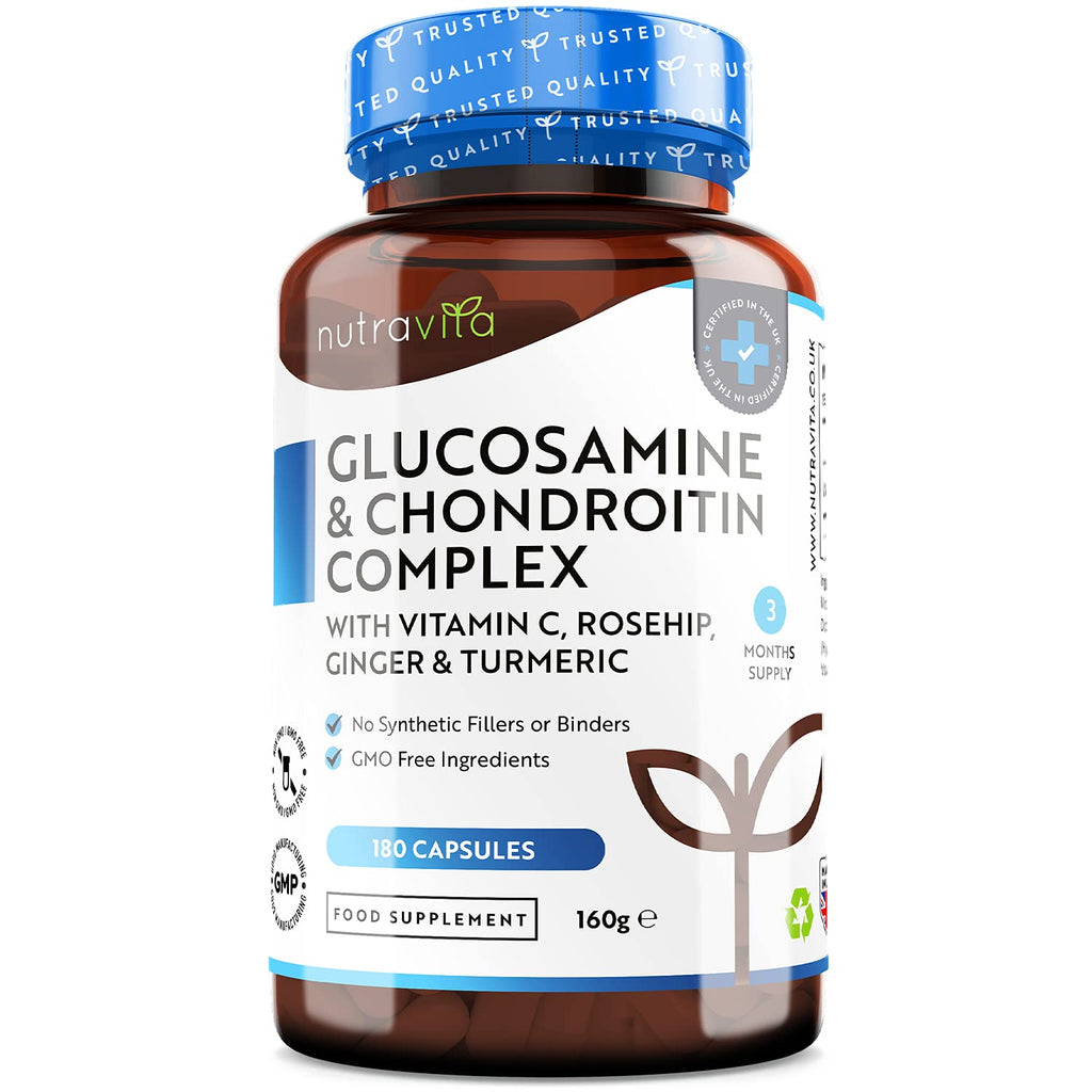 [Australia] - Glucosamine and Chondroitin Complex – 180 High Strength Capsules – Contributes to The Maintenance of Normal Immune System – with Vitamin C, Turmeric, Ginger and Rosehip – Made in The UK by Nutravita 