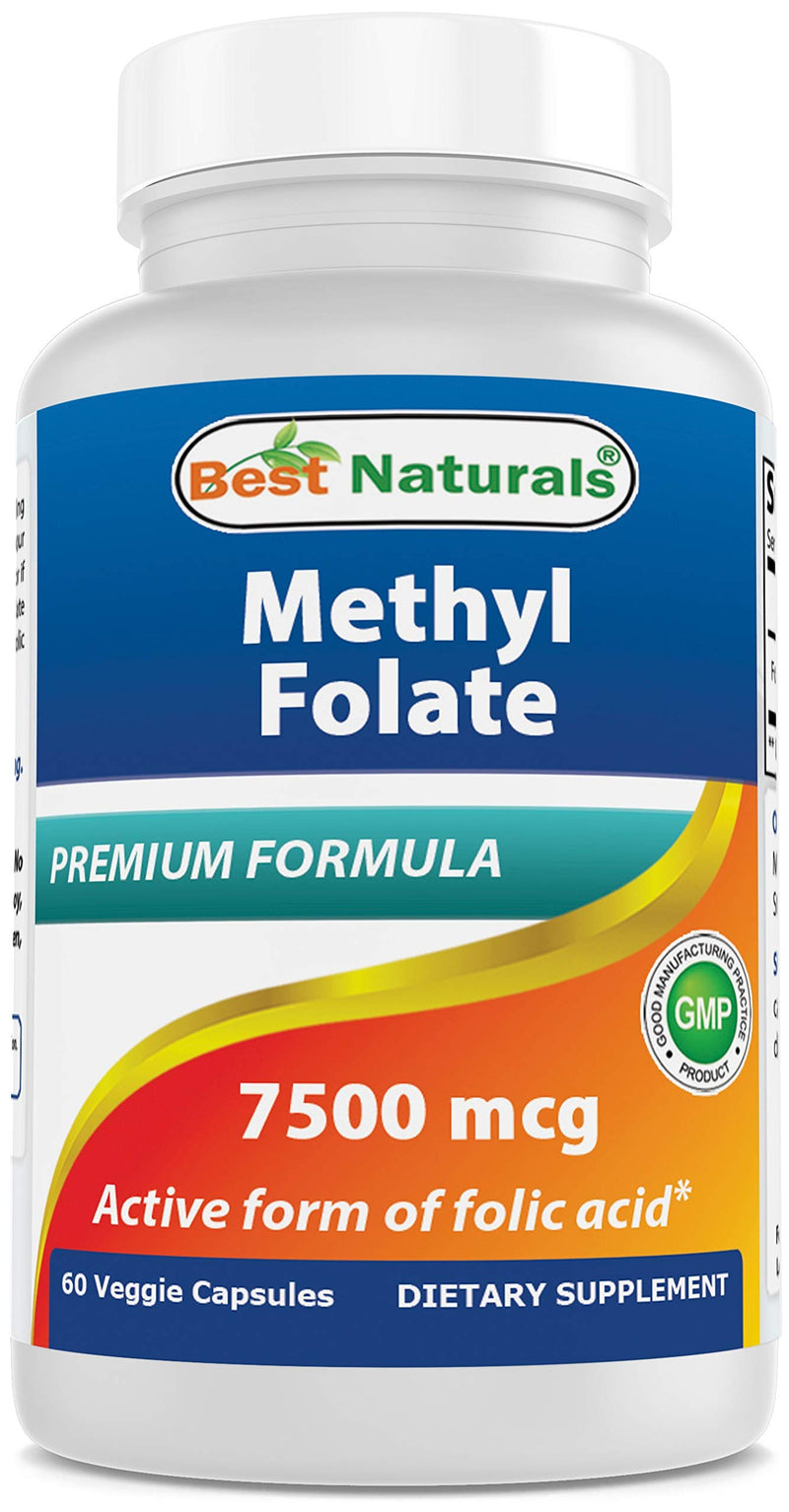 [Australia] - Best Naturals Methyl Folate 7500 mcg (7.5mg) (Most Bio-Available) Veggie Capsule - Supports Cell Formation Growth Function, Brain, Memory, Cardiovascular Health, 60 Count 