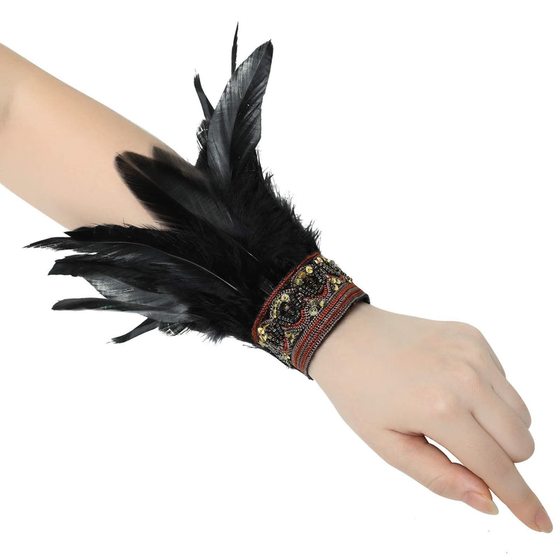 [Australia] - Coucoland Real Nature Feather Wrist Cuffs 1920s Style Wristband for Women Vintage Wrist Cuffs for Halloween Costume Wedding Pack of 2 Black3 