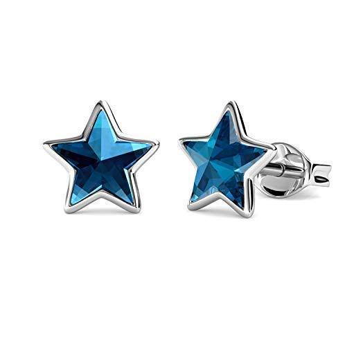 [Australia] - Silver Small Stud Swarovski Crystal Earrings - Rhodium Plated for Women's or Girl's Gift (Blue Star) 