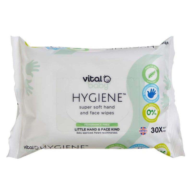 [Australia] - vital baby HYGIENE Super Soft Hand and Face Wipes, 30 Pack, Gentle Cleansing Wipes, Fragrance Free, Hypoallergenic, Alcohol Free, 443937,30 Count (Pack of 1) 