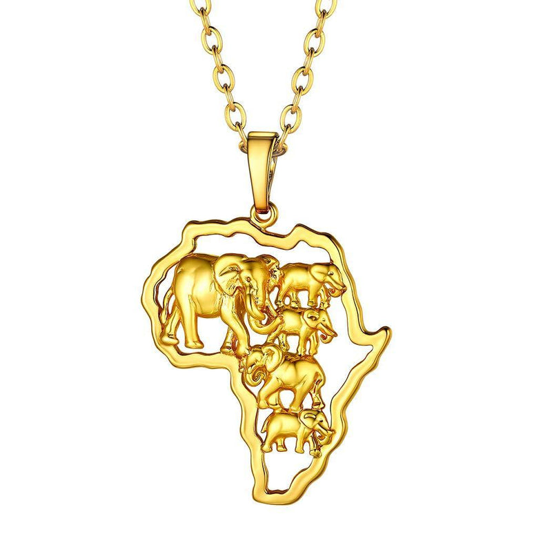 [Australia] - Suplight Map of Africa Earrings/Pendant Necklace for Women Men, Customize Engrave Hip Hop Trendy Jewelry, Elephant/Horus Eye/Ethnic Pattern African Maps Charm, Gold/Rose Gold/Black/Silver Color 06. Five Elephants Map Necklace-gold not custom 