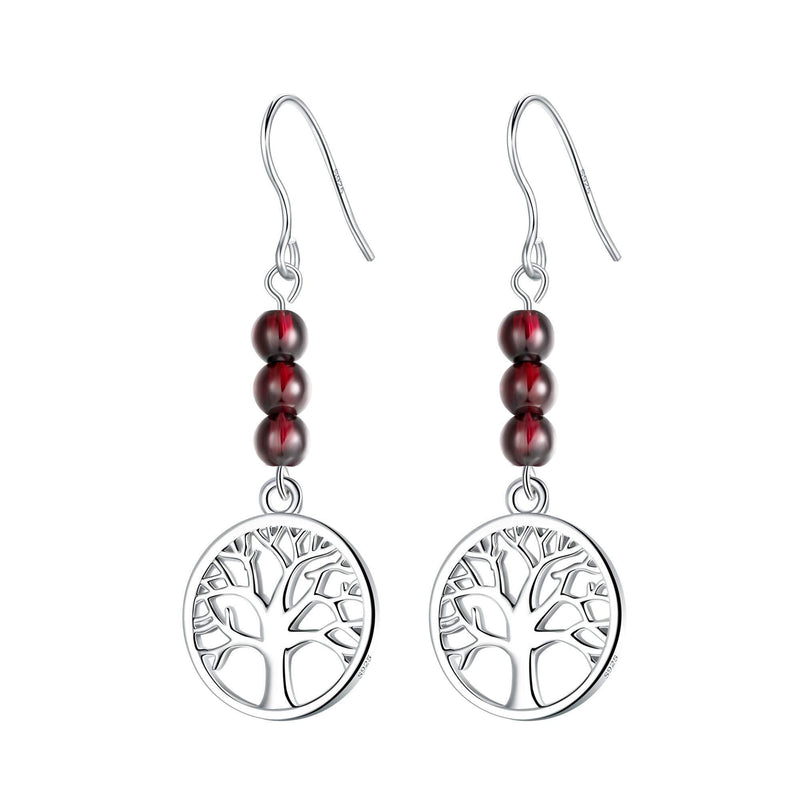 [Australia] - J.Endéar Tree of Life Earrings, Silver Drop Earring with Gemstone, Garnet Dangle Drop Earrings for Women, Handmade Earrings with Branded Gift Box 