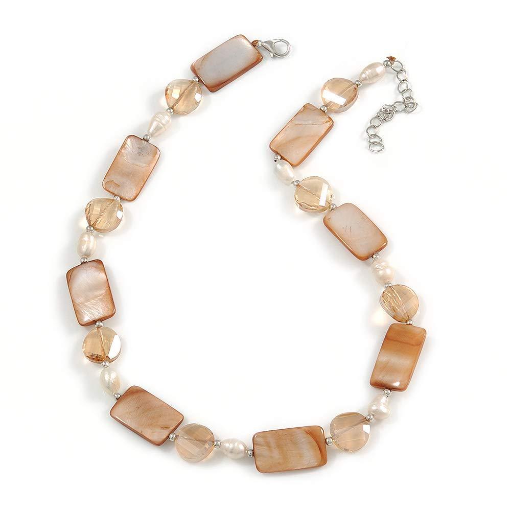 [Australia] - Avalaya Light Caramel Glass Bead, Sandy Brown Shell, Cream Freshwater Pearl Necklace with Silver Tone Closure - 44cm L/ 5cm Ext 