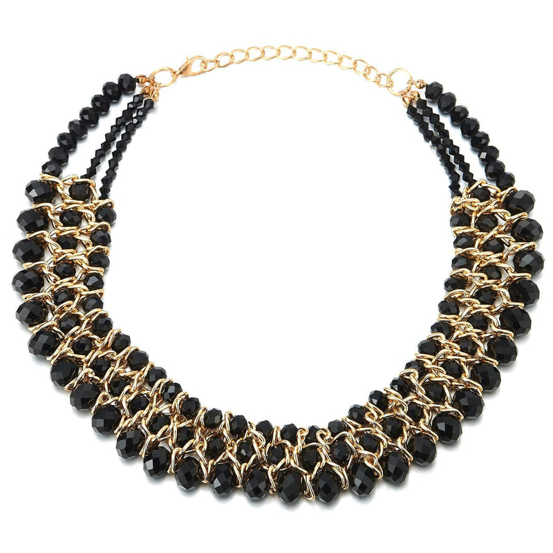 [Australia] - COOLSTEELANDBEYOND Statement Necklace Black Faceted Crystal Beads String Gold Braided Chain Pendant 