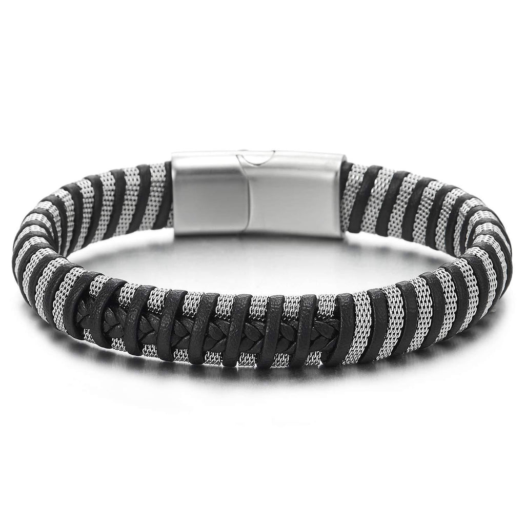[Australia] - COOLSTEELANDBEYOND Mens Women Steel Mesh Leather Braided Bracelet Bangle Wristband Silver Black, Unique 