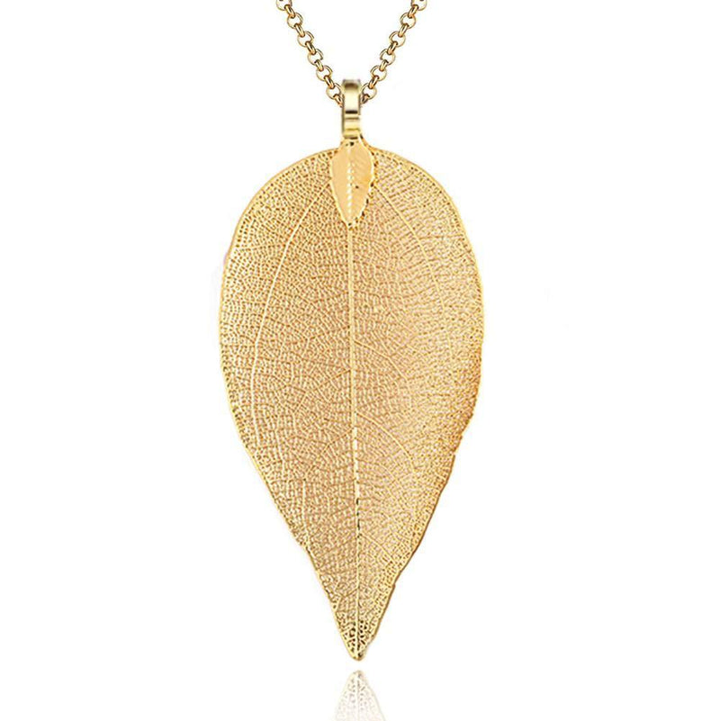 [Australia] - Gleamart Delicate Filigree Real Leaf Long Necklace Lightweight Metal-Plated Leaves Sweater Necklace Gold 
