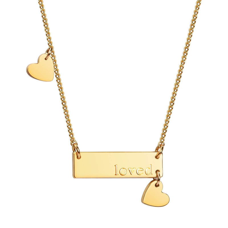 [Australia] - Girafe Necklace Present for Women Horizontal Engraved Bar Choker with 2 Tiny Heart Charms 14ct Real Gold Plated 14inch 