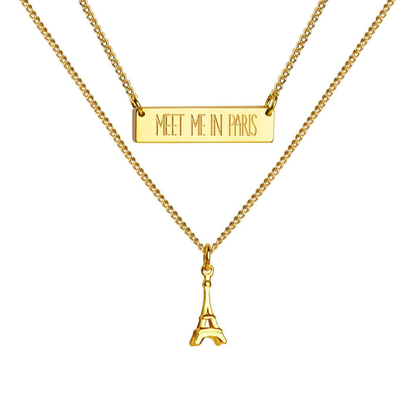 [Australia] - Girafe 14ct Gold Layered Necklace, Meet Me in Paris Engraved Bar Necklace with Eiffel Tower Charm, 16inch 