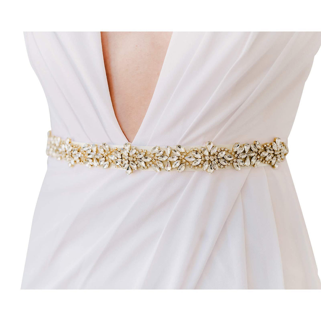 [Australia] - SWEETV Rhinestone Bridal Belt Sash Wedding Dress Belt Crystal Applique for Bridesmaid Gown Gold 