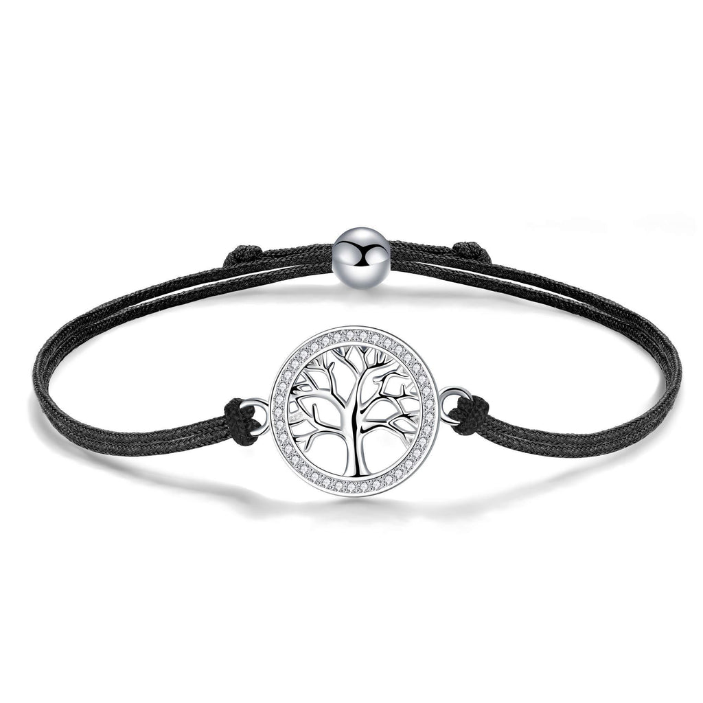 [Australia] - J.Endéar Tree of Life Bracelet 925 Silver Bracelets for Women Girls Zirconia Round Disc Charm Gift 24cm Handmade Cord Adjustable 