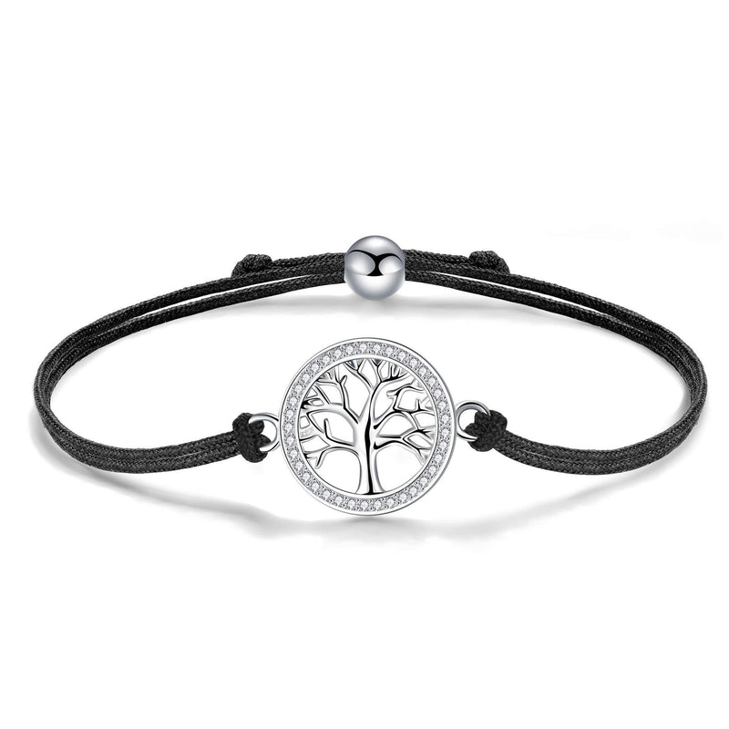 [Australia] - J.Endéar Tree of Life Bracelet 925 Silver Bracelets for Women Girls Zirconia Round Disc Charm Gift 24cm Handmade Cord Adjustable 