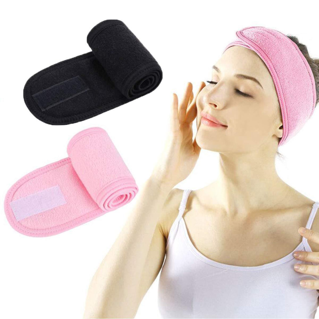 [Australia] - Spa Headband - 2 Pieces Facial Women Makeup Hairband Towel Cloth With Adjustable Magic Sticker For Washing Face Makeup Black+Pink 