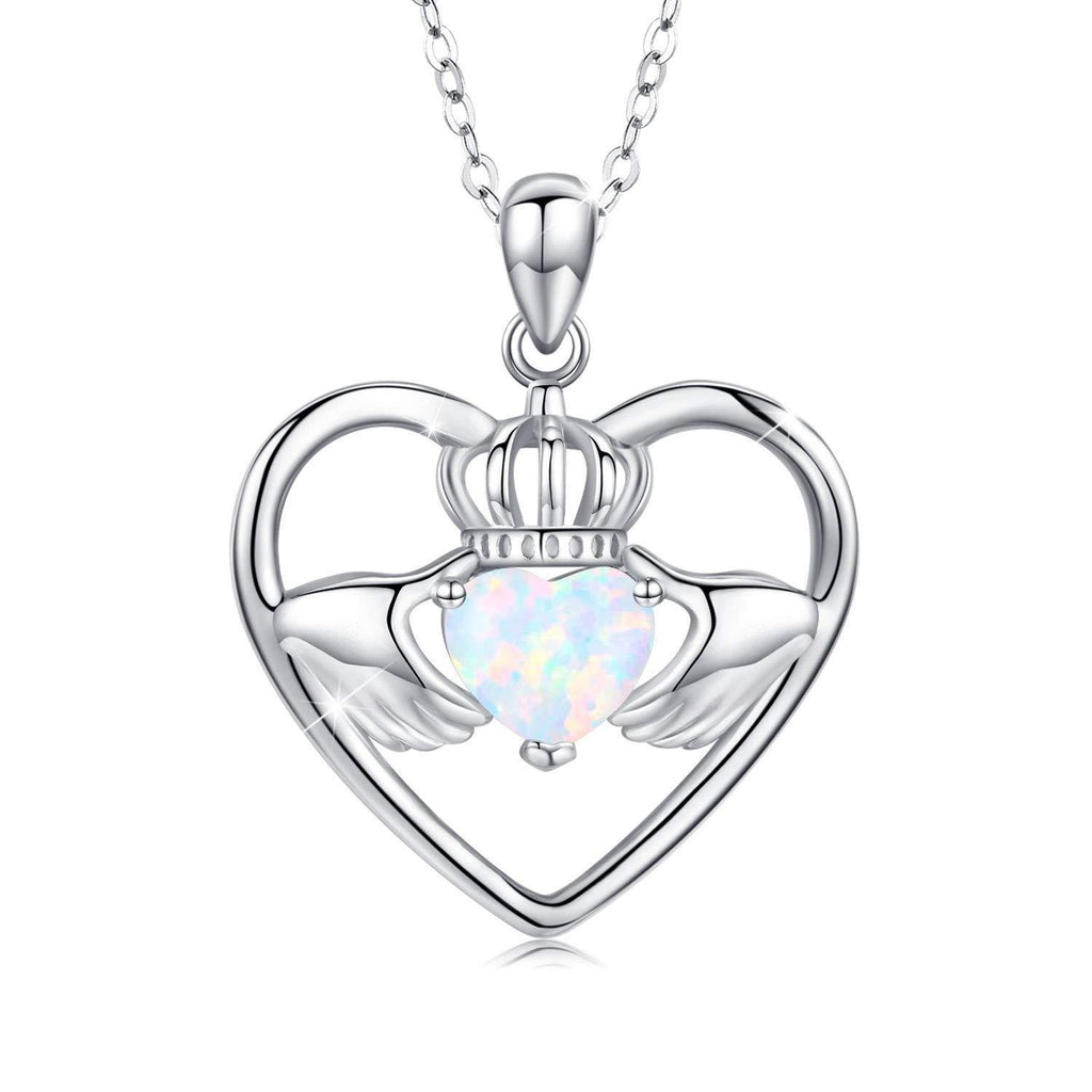 [Australia] - Claddagh Necklace for Women 925 Sterling Silver Chain Claddagh Love Heart Pendant Necklaces Opal Necklace Birthday Christmas Gifts for Girls Mom Wife Girlfriend 